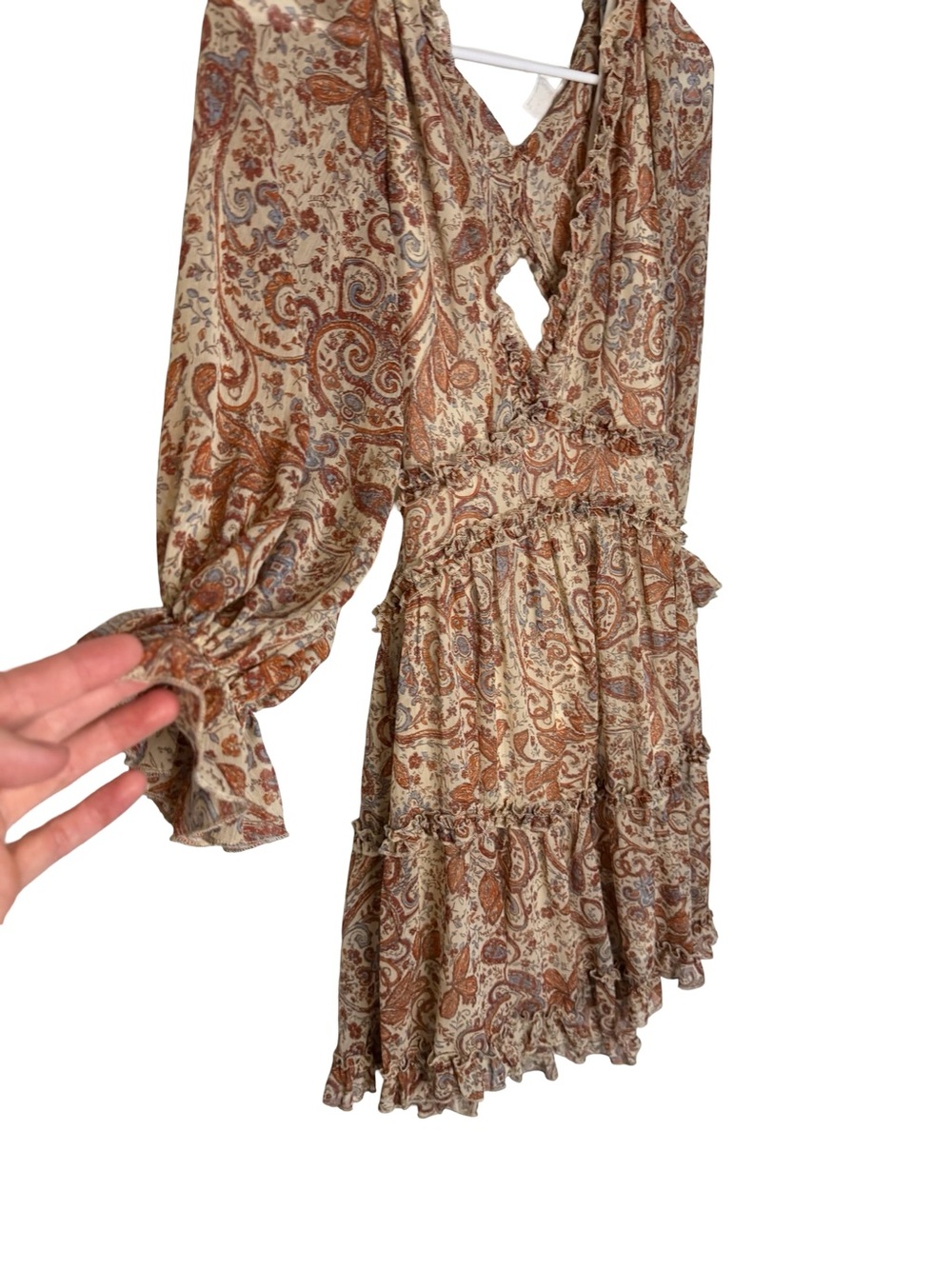 ๐๐ค VENUS Paisley Ruffle Cutout Mini Dress Size 6 Boho Long Sleeve ๐คโจ - Picture 3 of 6